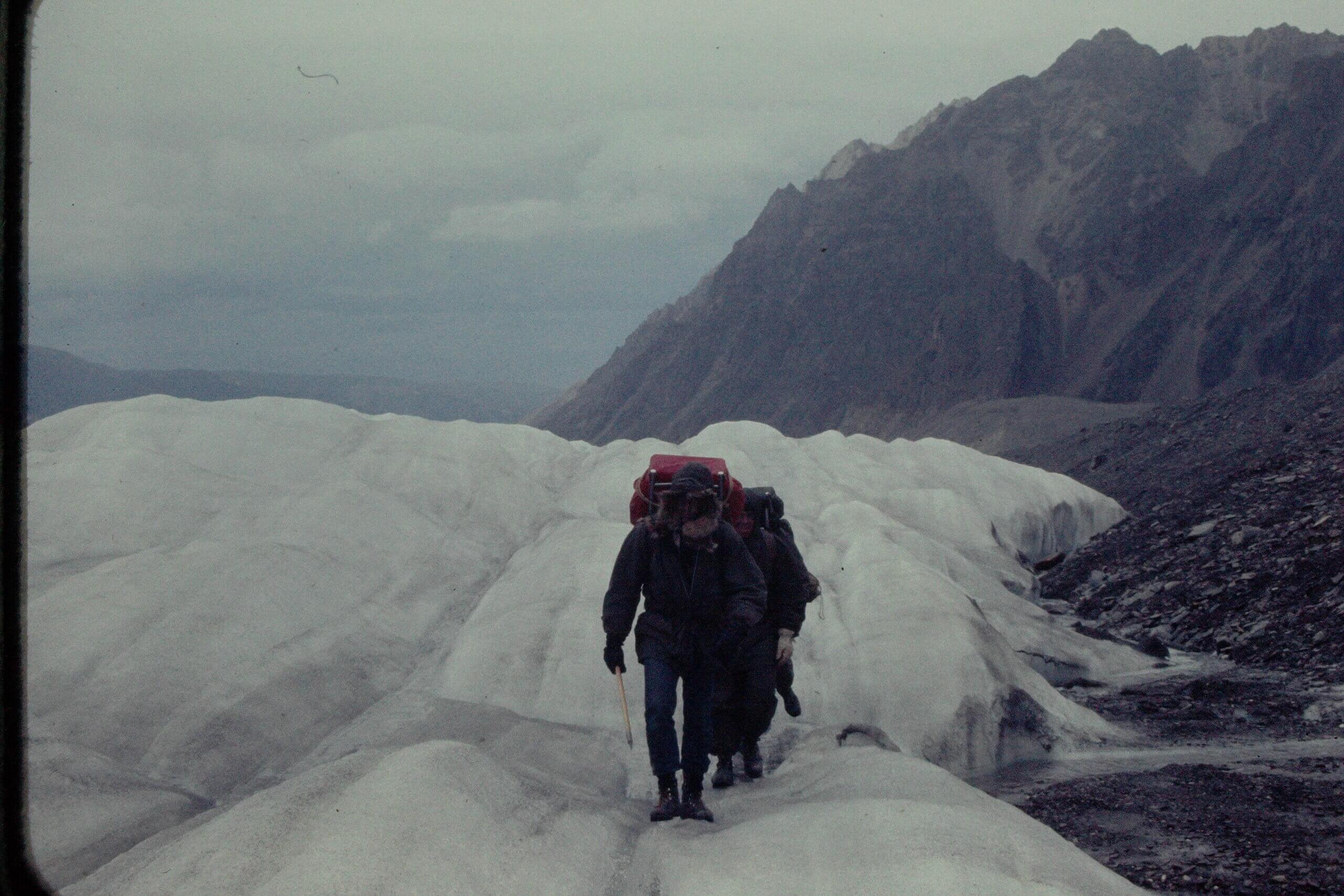 Walking beside the medial moraine on Gerstle Glacier